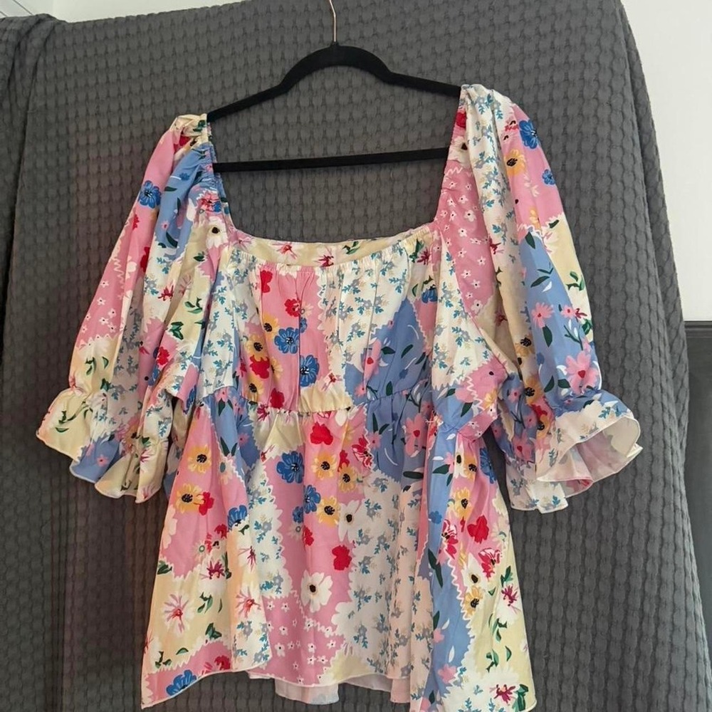 SHEIN Curve 2XL pink, blue print polyester & elastane blouse